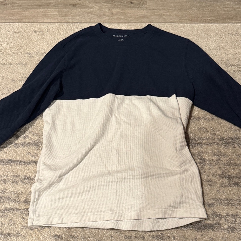 American Eagle Outfitters Men’s Navy and Light Gray Two-Tone Long-Sleeve Shirt